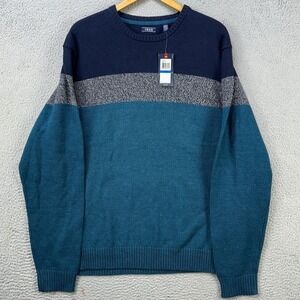Izod Sweater Crew Neck Men XL Blue Gray Colorblock Knit Pullover Long Sleeve NEW